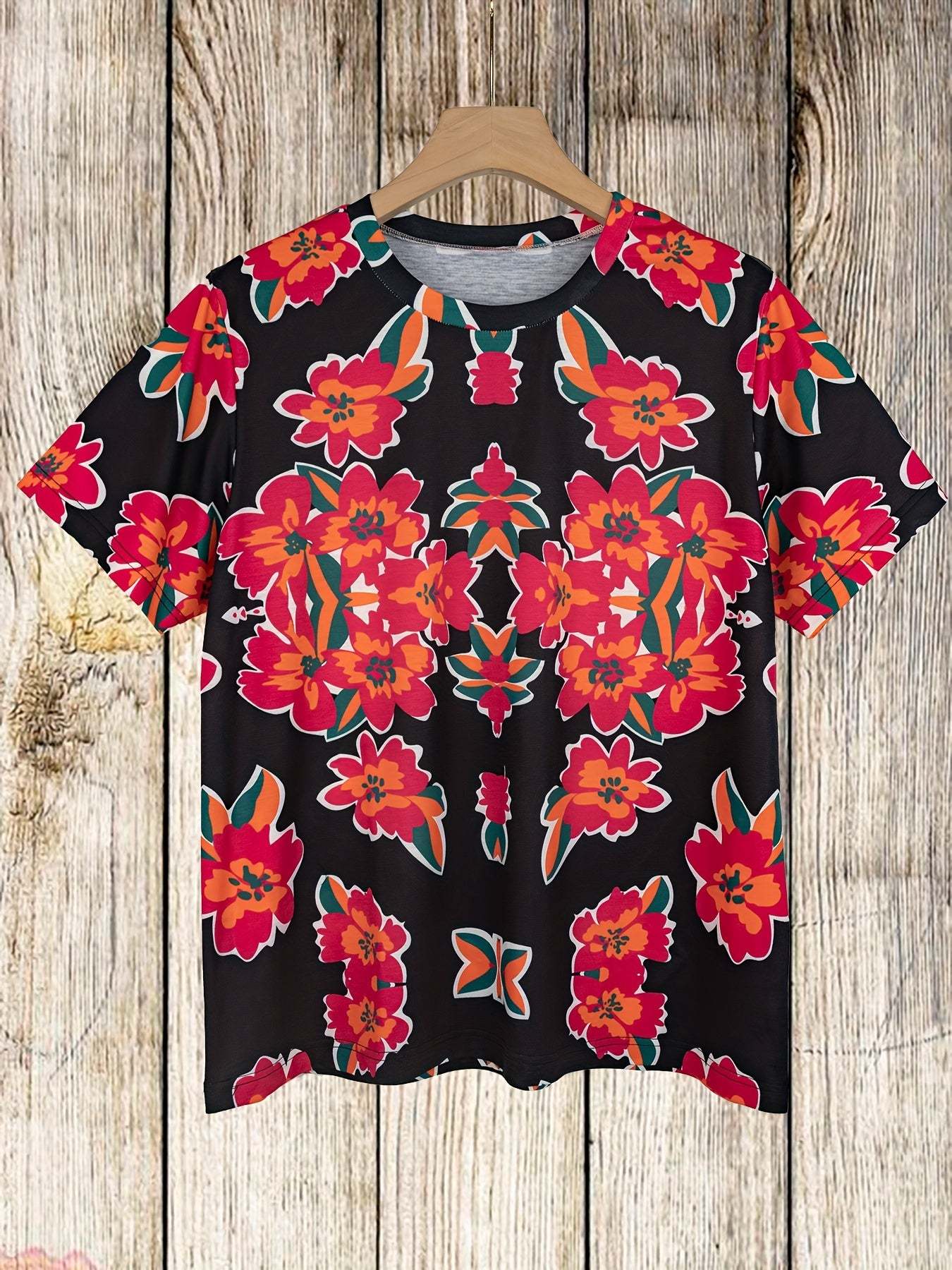Floral print round neck short sleeve loose oversized T-shirt Random shipment