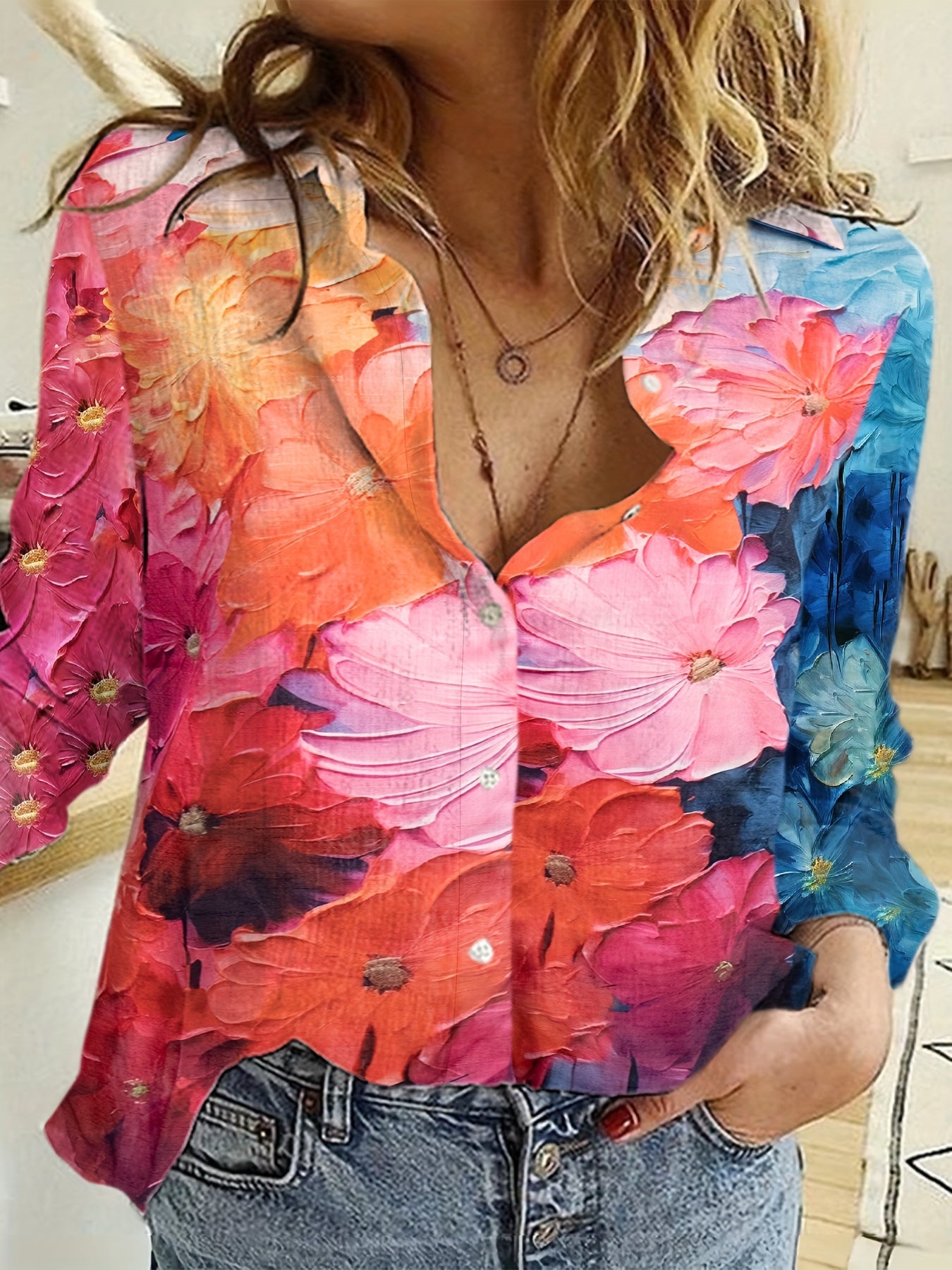 Contrasting elegant long-sleeved lapel floral print shirt Random shipm