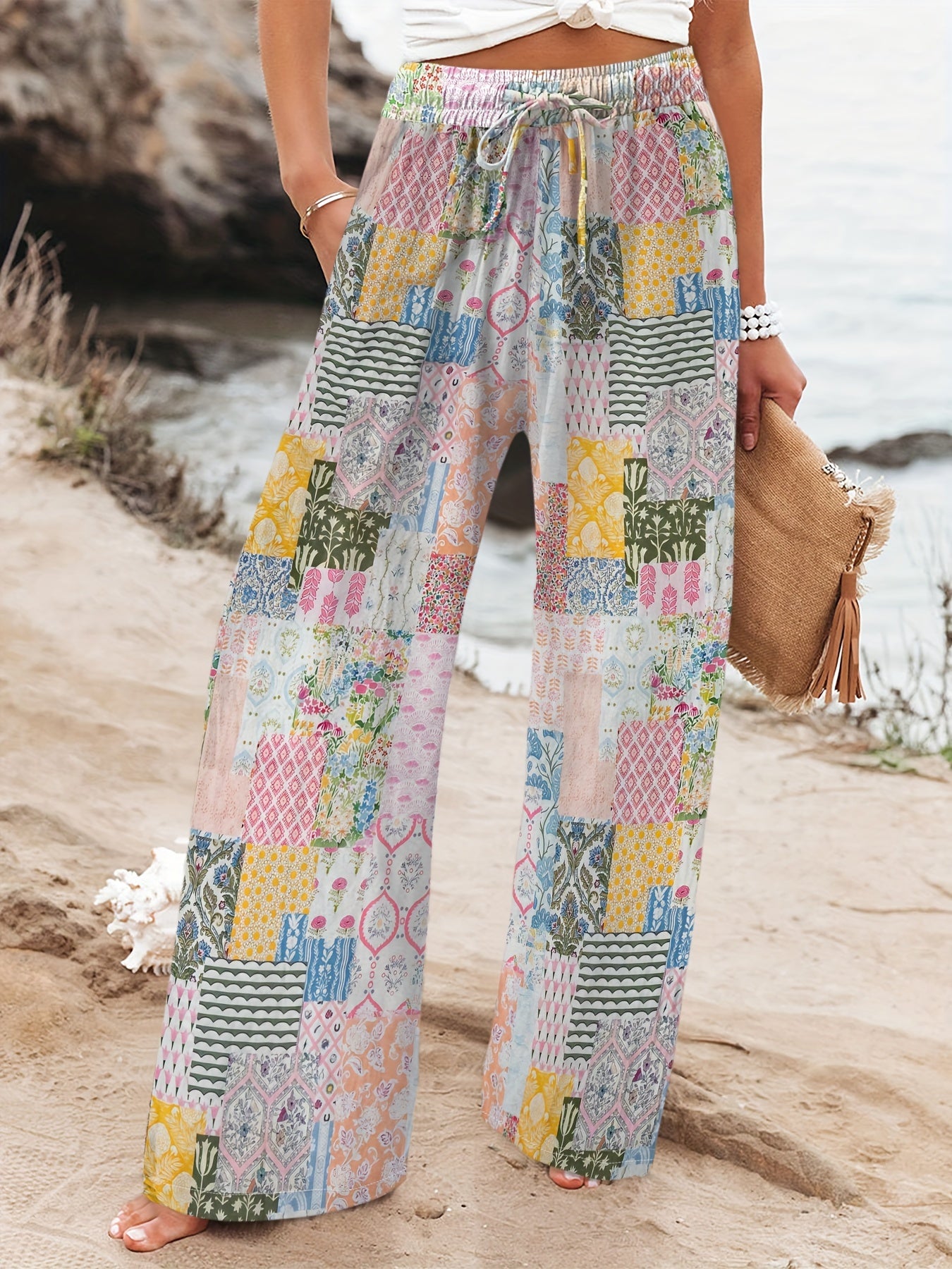 Elasticated waist pockets, ethnic contrasting floral print pocket trousers Random shipment