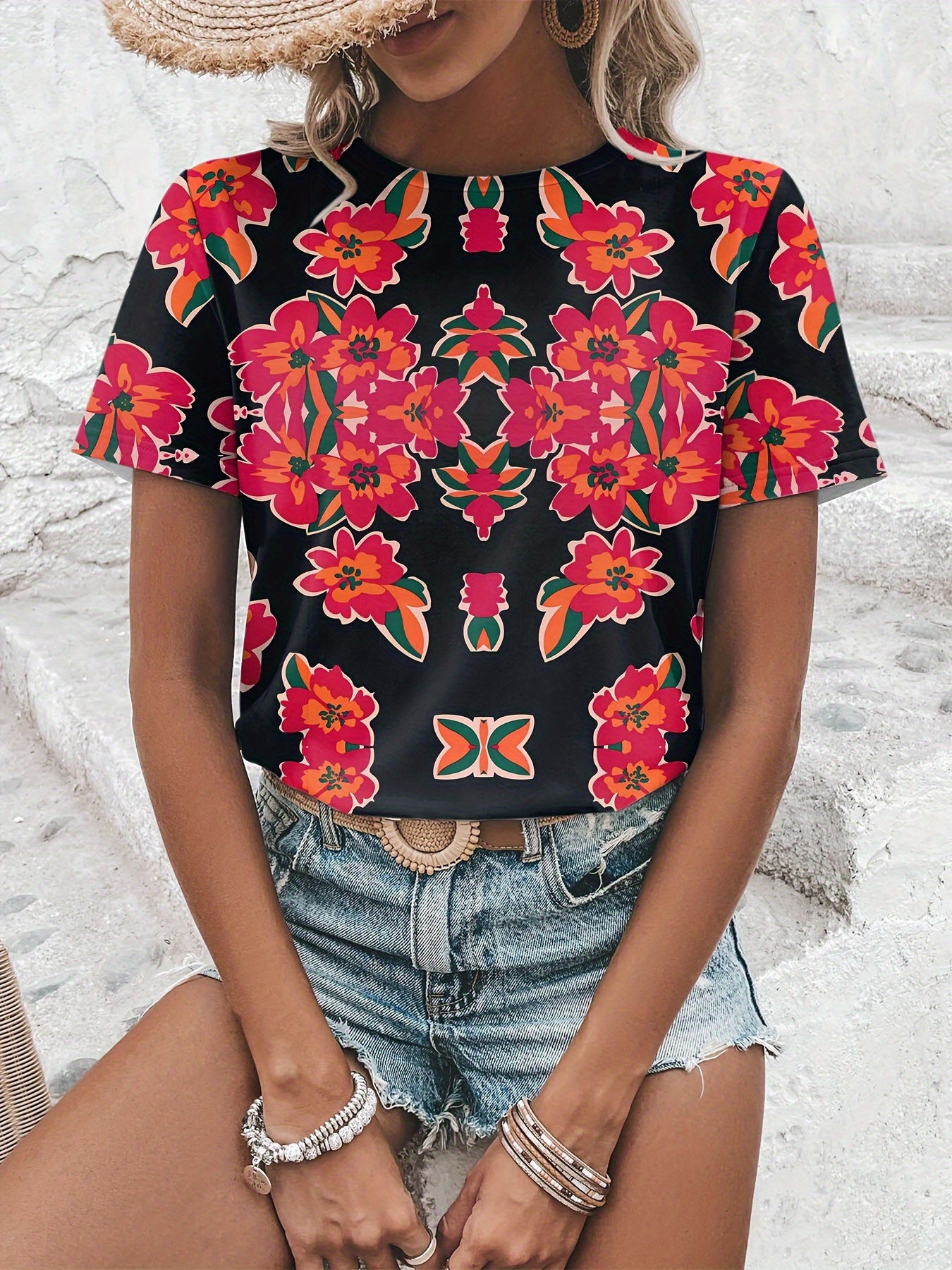 Floral print round neck short sleeve loose oversized T-shirt Random sh