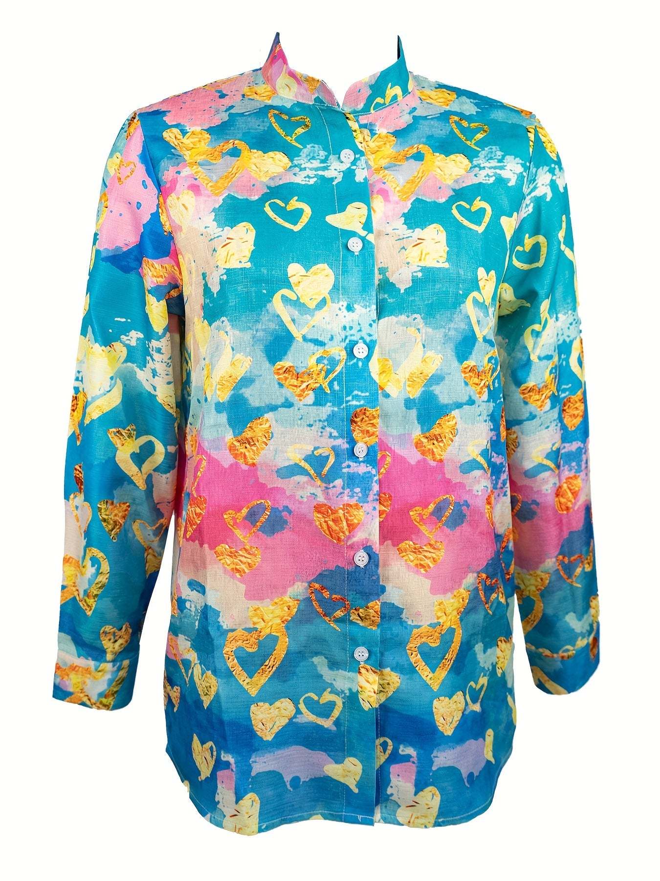 A stand-up collar, button, long-sleeved heart-shaped gradient printed elegant shirt Random shipment