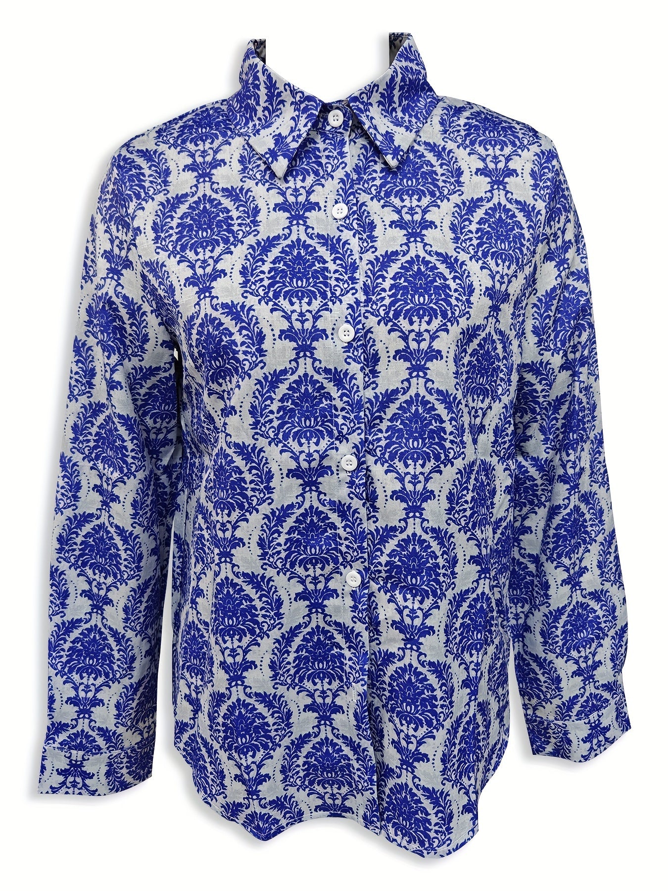 Vintage print lapels elegant long-sleeved buttoned blouse for women Ra