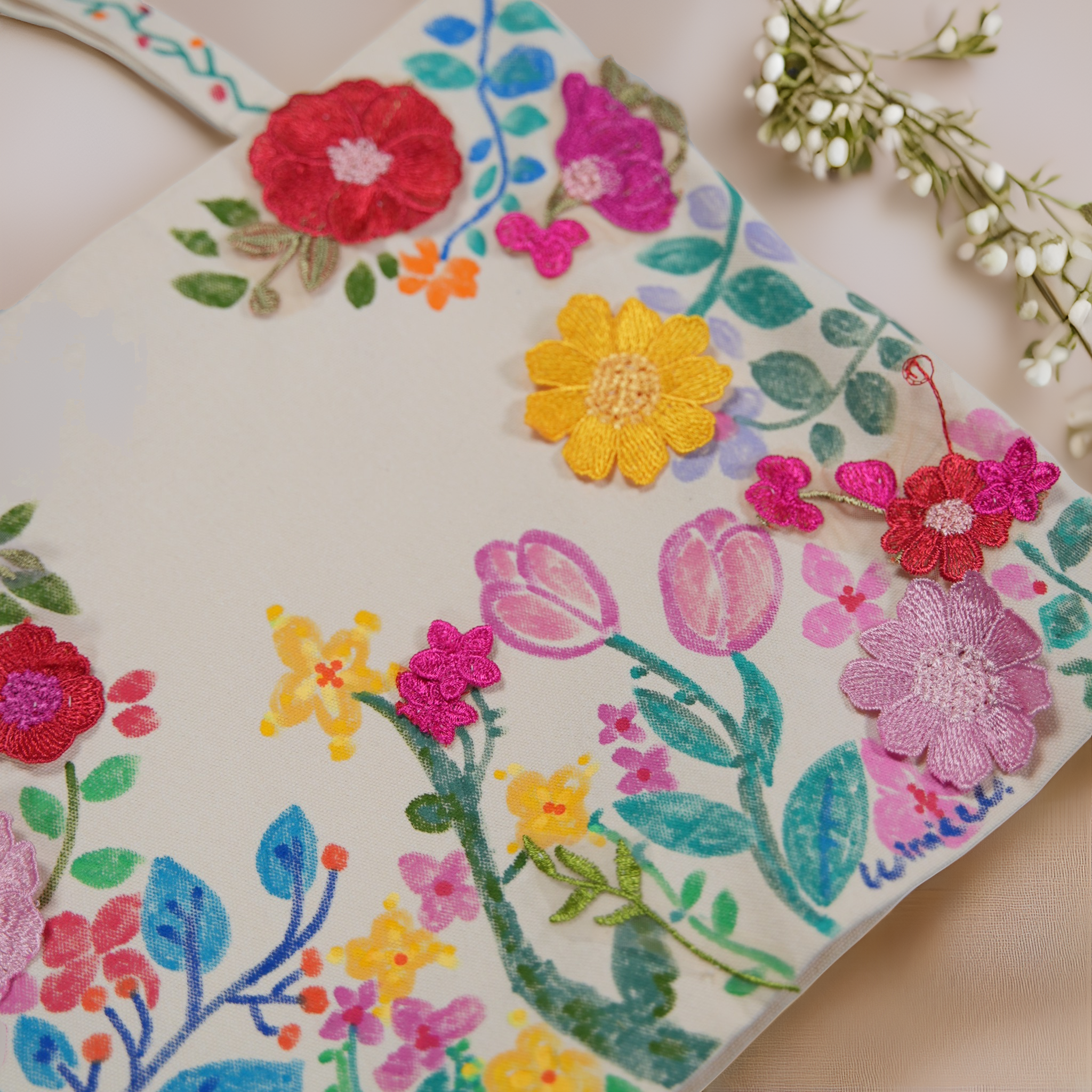 Sweet Flower Canvas Bag Women's Niche Artistic All-match Flower Shoulder Handbag