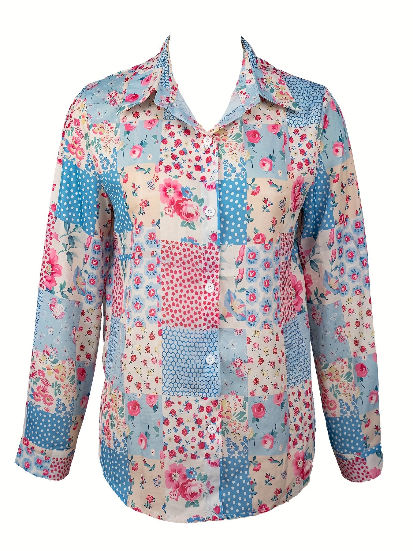 An elegant shirt with long-sleeved floral color block patchwork Random shipment