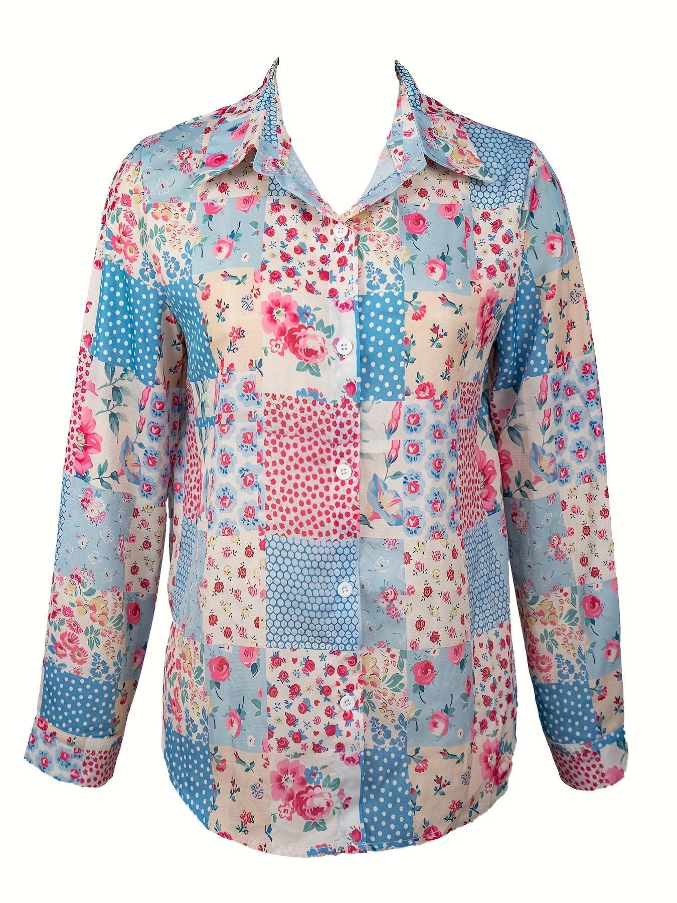An elegant shirt with long-sleeved floral color block patchwork Random shipment