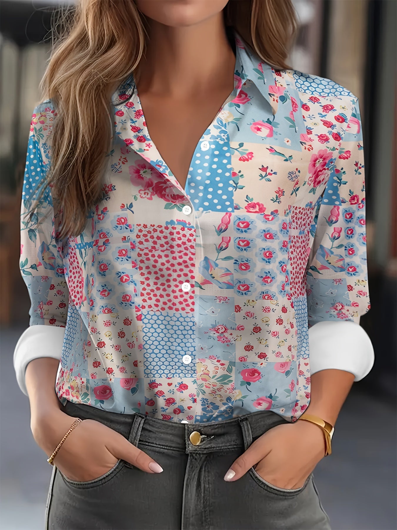 An elegant shirt with long-sleeved floral color block patchwork