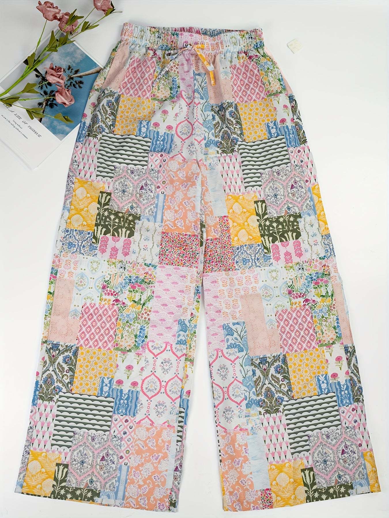 Elasticated waist pockets, ethnic contrasting floral print pocket trousers Random shipment
