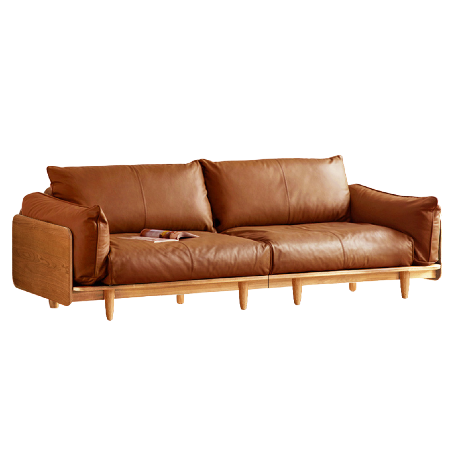 小淘家实木沙发现代简约樱桃木直排沙发北欧小户型客厅真皮沙发