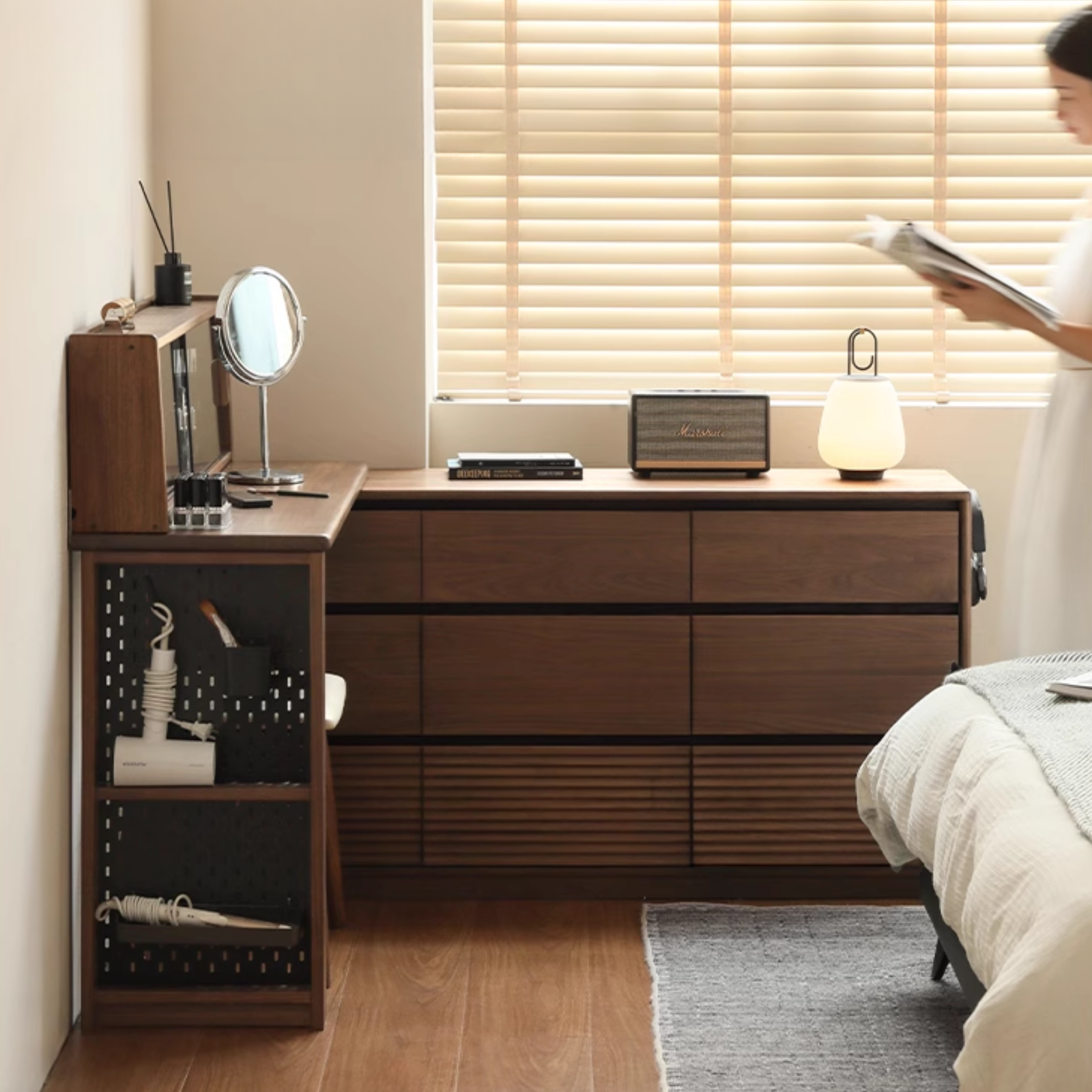 轻奢黑胡桃木实木化妆桌伸缩斗柜化妆台卧室转角梳妆台带小凳子