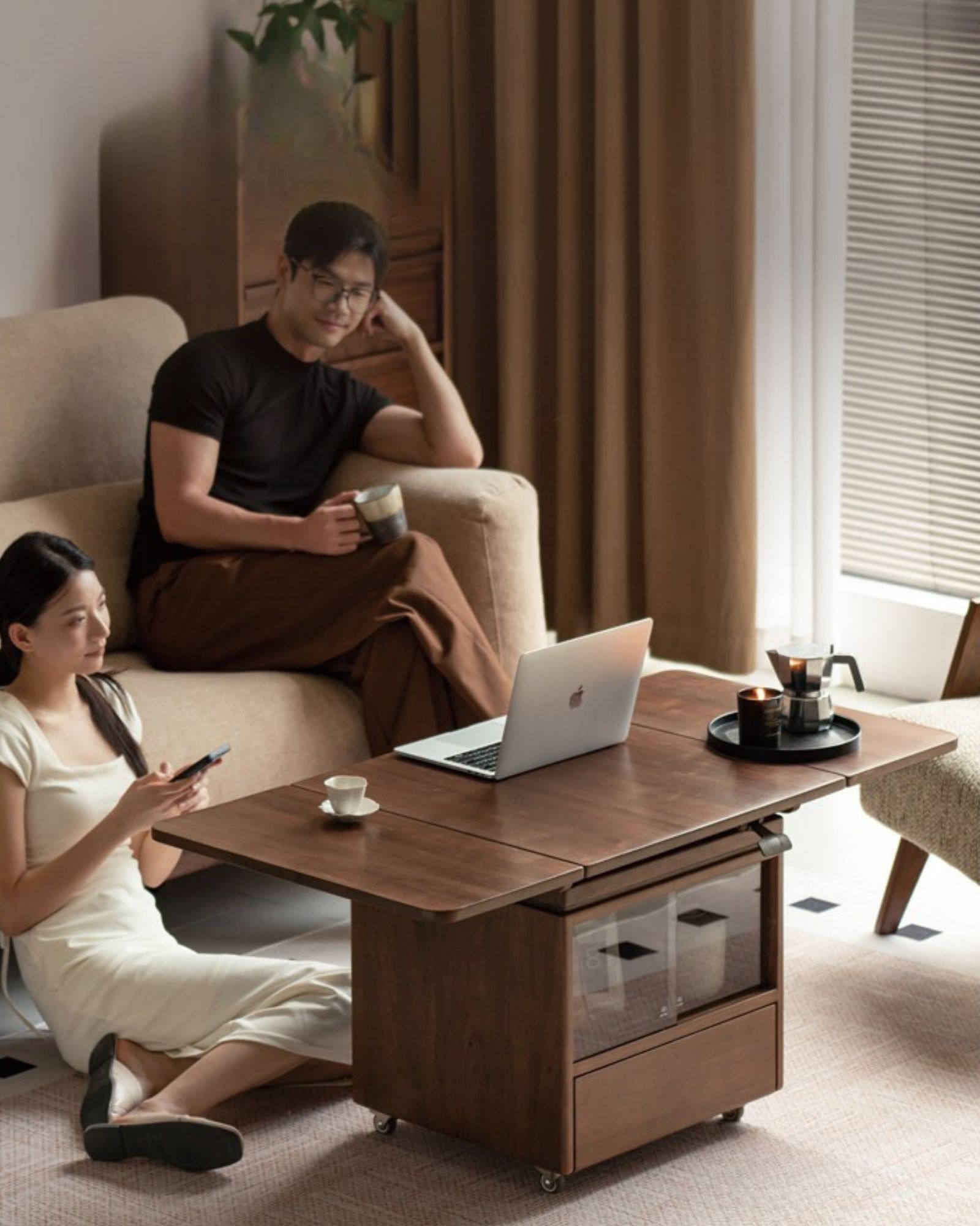 小淘家实木茶几现代简约升降茶桌客厅橡木折叠方几家用移动茶桌