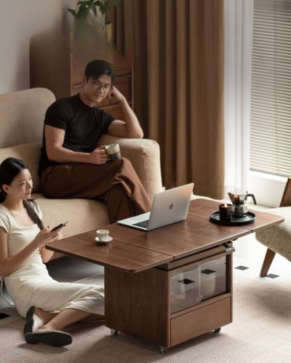 小淘家实木茶几现代简约升降茶桌客厅橡木折叠方几家用移动茶桌