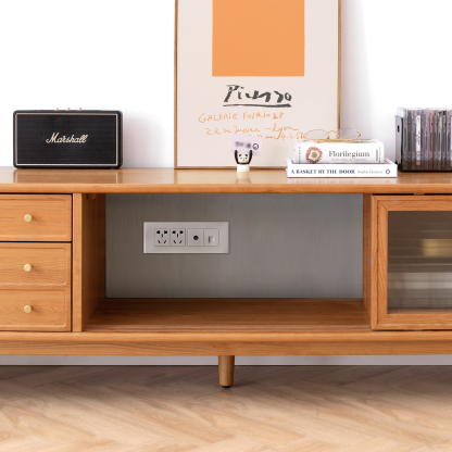 小淘家原木电视柜复古樱桃木大容量储物柜中古小户型玻璃地柜