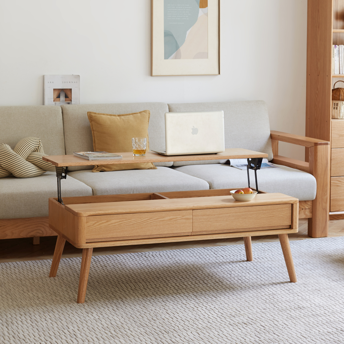 小淘家实木升降茶几北欧橡木咖啡桌现代简约茶台小户型客厅家具