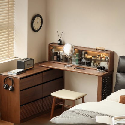 轻奢黑胡桃木实木化妆桌伸缩斗柜化妆台卧室转角梳妆台带小凳子