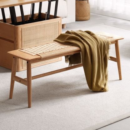 小淘家实木绳编长条凳简约家用板凳北欧现代餐厅家具橡木长椅