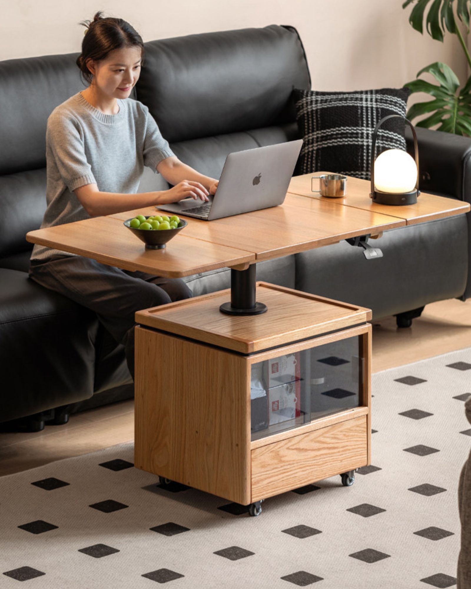 小淘家实木茶几现代简约升降茶桌客厅橡木折叠方几家用移动茶桌