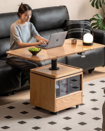 小淘家实木茶几现代简约升降茶桌客厅橡木折叠方几家用移动茶桌