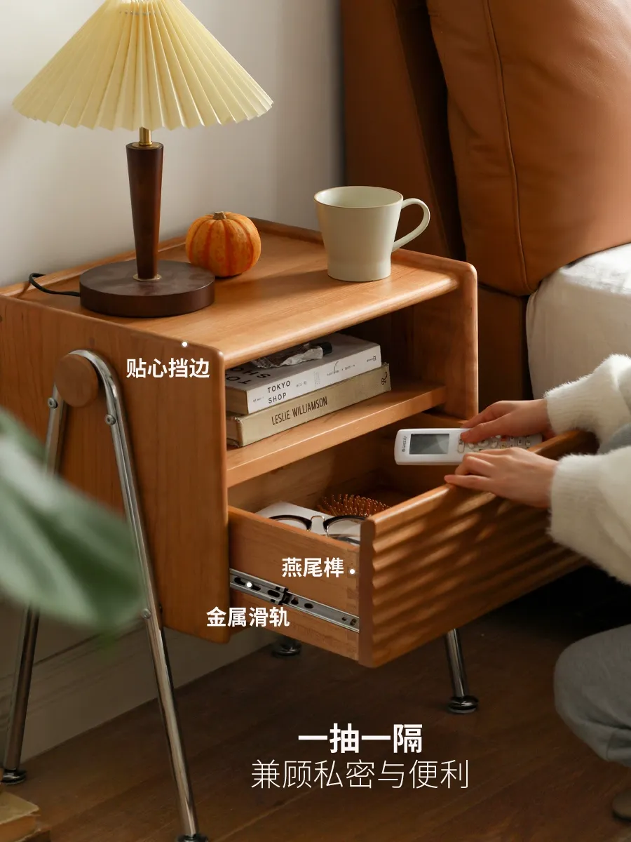 小淘家实木迷你床头柜复古樱桃木床边柜小户型中古风卧室收纳柜