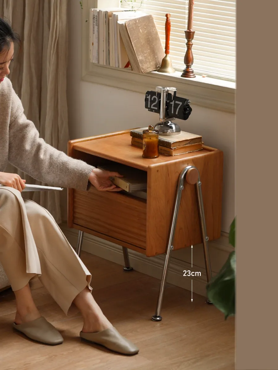 小淘家实木迷你床头柜复古樱桃木床边柜小户型中古风卧室收纳柜