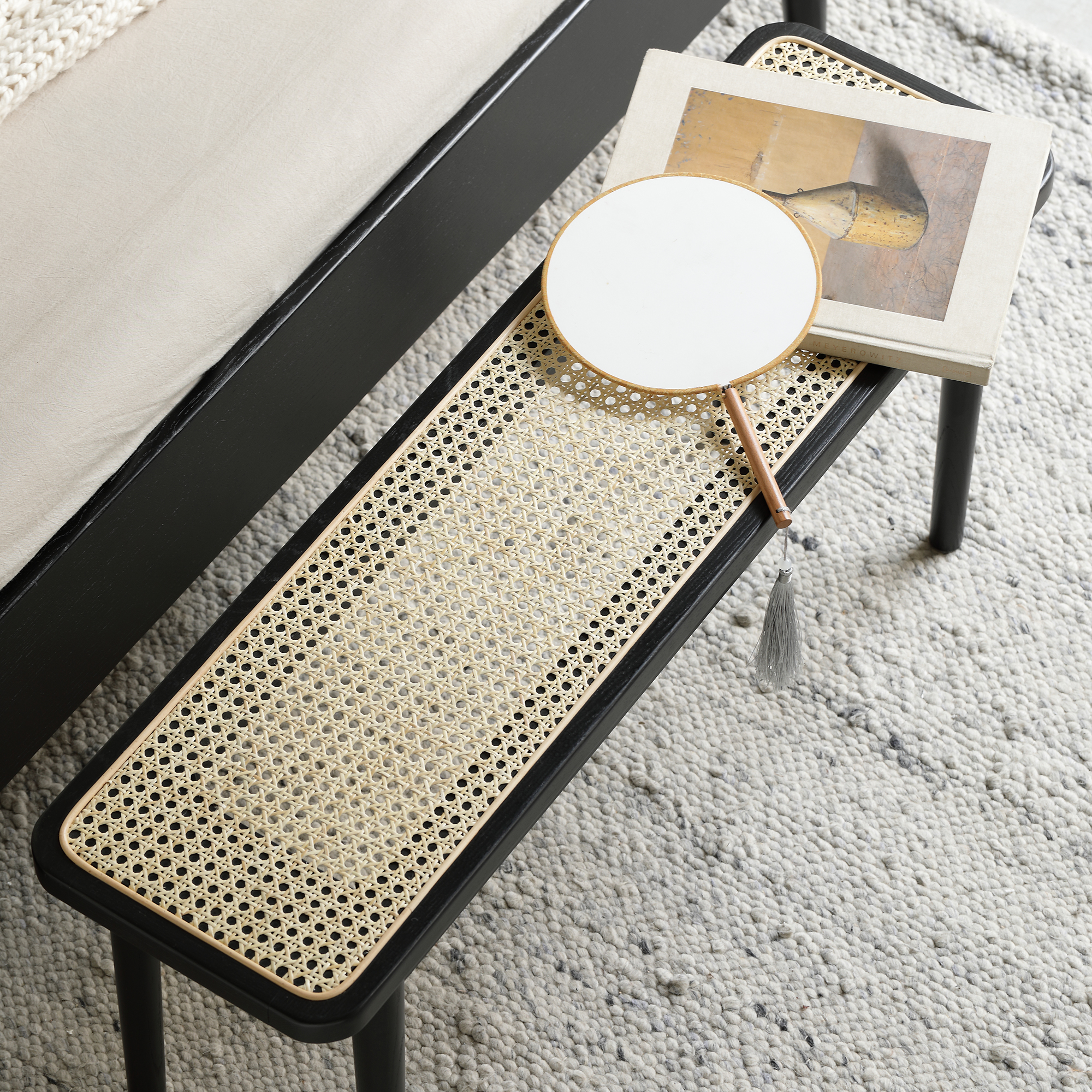 小淘家实木长条凳家用餐桌长凳黑色藤编餐凳床尾凳卧室餐厅条凳