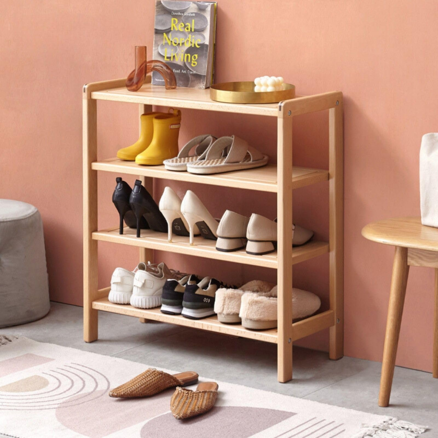 小淘家全实木简易鞋架现代欧洲榉木置物架北欧门口多层收纳架