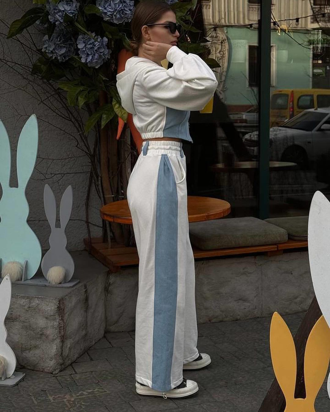 Denim patchwork hooded top and trousers two-piece set