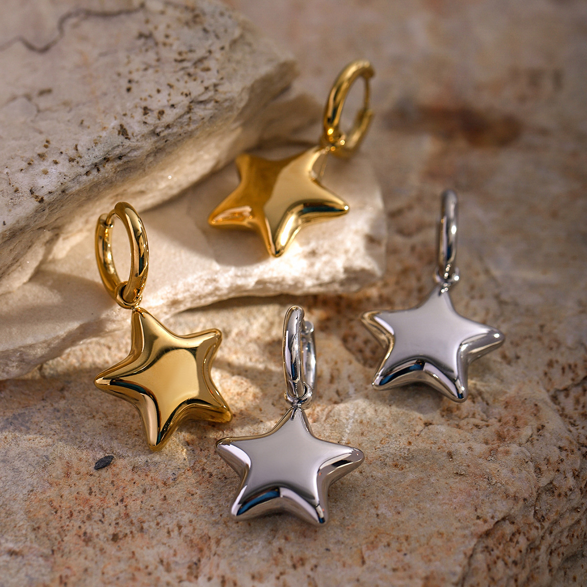 Dainty 3D Star Dangle Drop Small Hoop Earrings