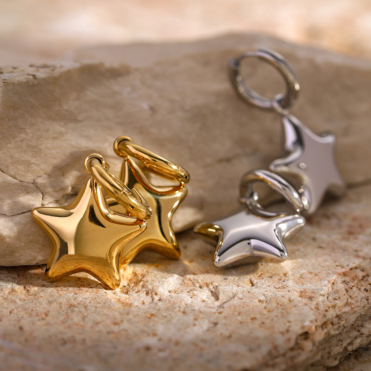 Dainty 3D Star Dangle Drop Small Hoop Earrings