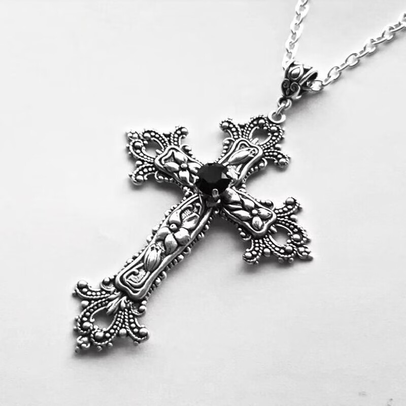 Gothic Cross Necklace Silver-Tone Pendant with Glass Stone