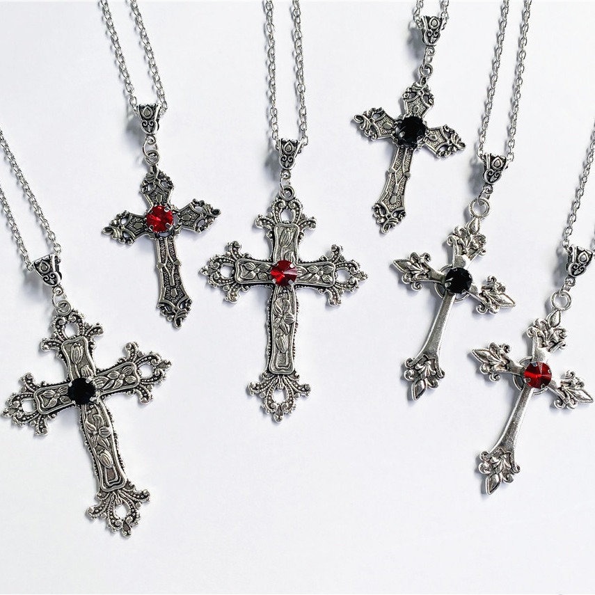 Gothic Cross Necklace Silver-Tone Pendant with Glass Stone