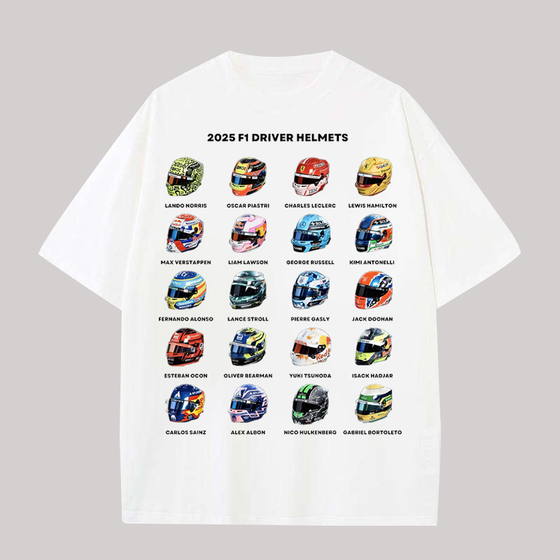 2025 F1 Driver Helmets Printed Unisex T-shirt Image - 1