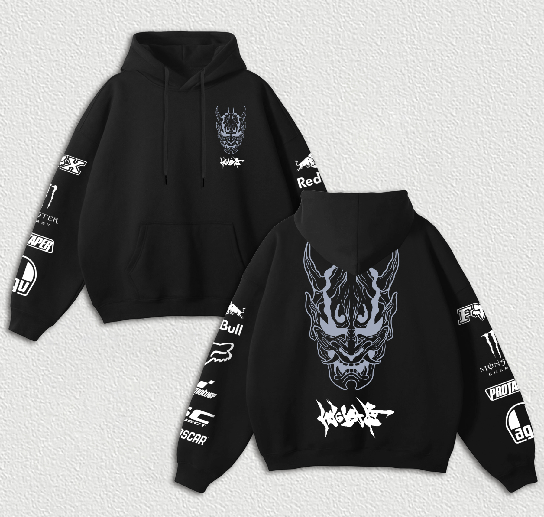 Red Bull Cyberpunk Hannya Ninja Racing Printed Fleece-lined Unisex Hoodie Image - 1