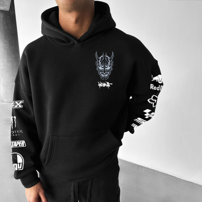 Red Bull Cyberpunk Hannya Ninja Racing Printed Fleece-lined Unisex Hoodie Image - 3