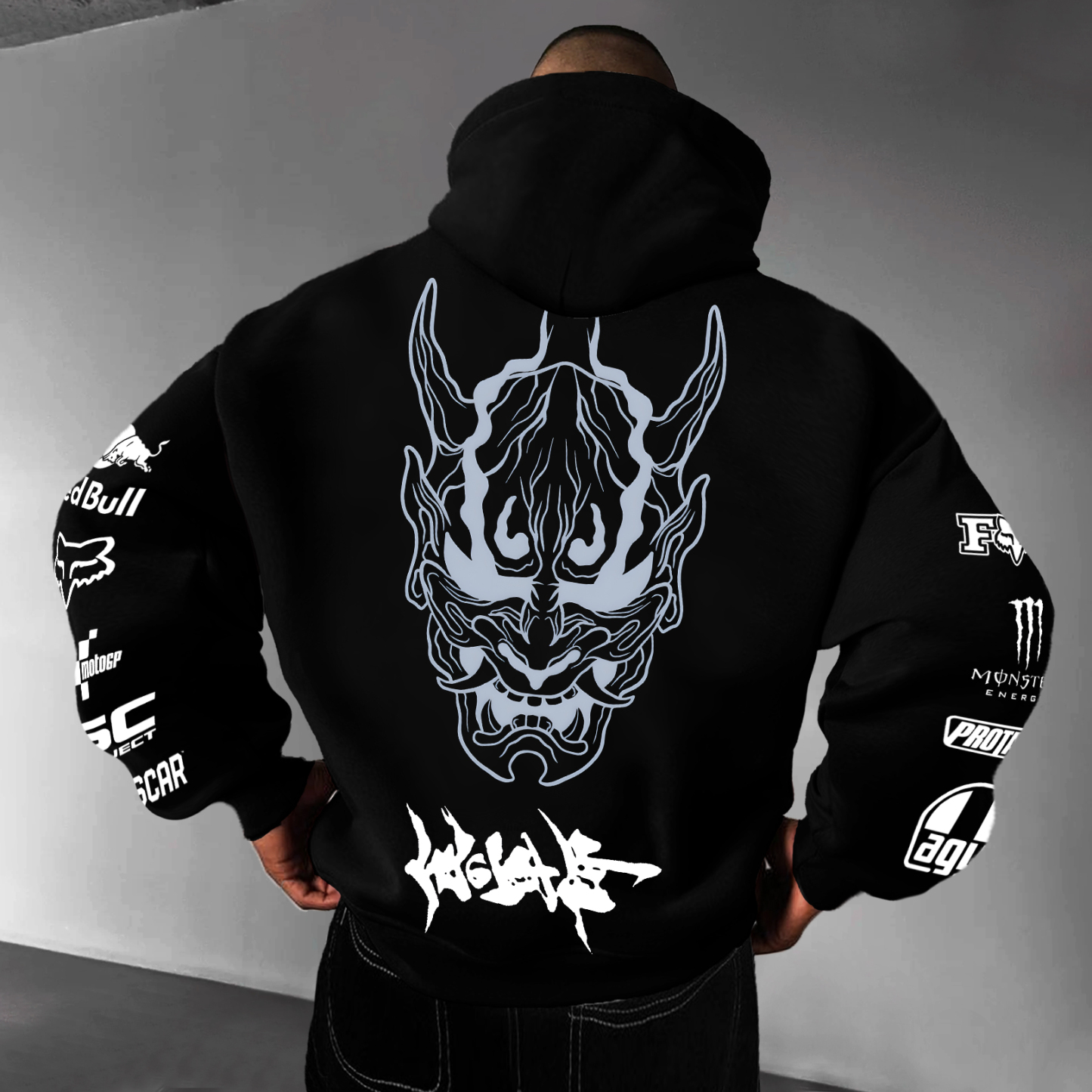 Red Bull Cyberpunk Hannya Ninja Racing Printed Fleece-lined Unisex Hoodie Image - 2