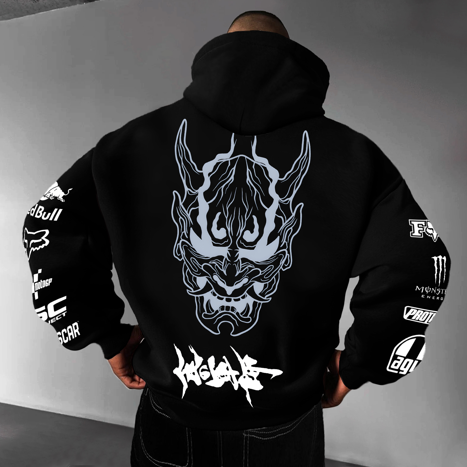Red Bull Cyberpunk Hannya Ninja Racing Printed Fleece-lined Unisex Hoodie Image - 2
