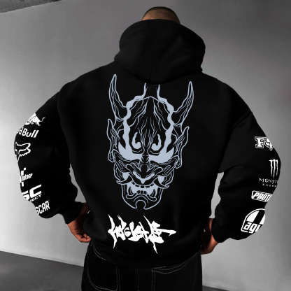 Red Bull Cyberpunk Hannya Ninja Racing Printed Fleece-lined Unisex Hoodie Image - 2