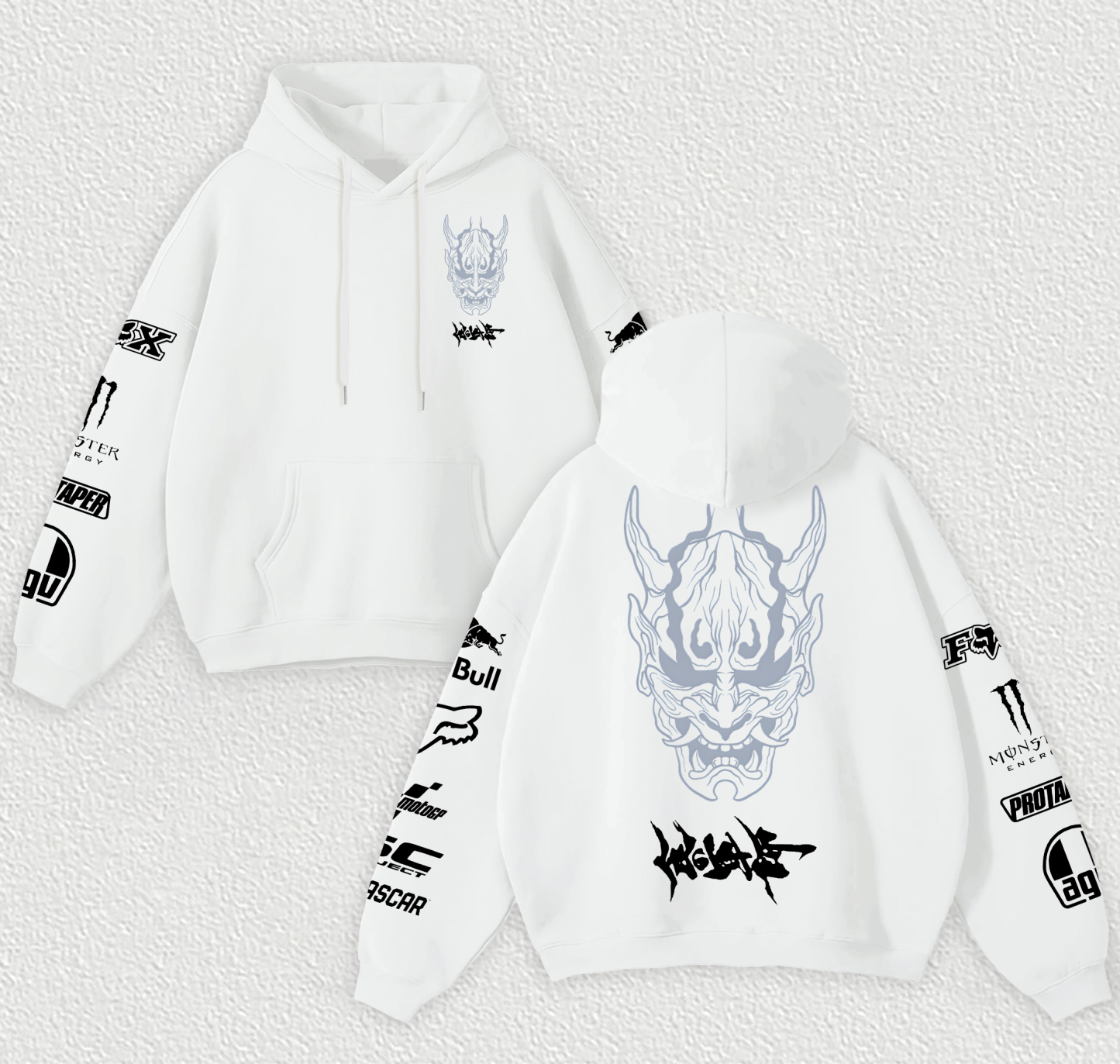 Red Bull Cyberpunk Hannya Ninja Racing Printed Fleece-lined Unisex Hoodie Image - 4