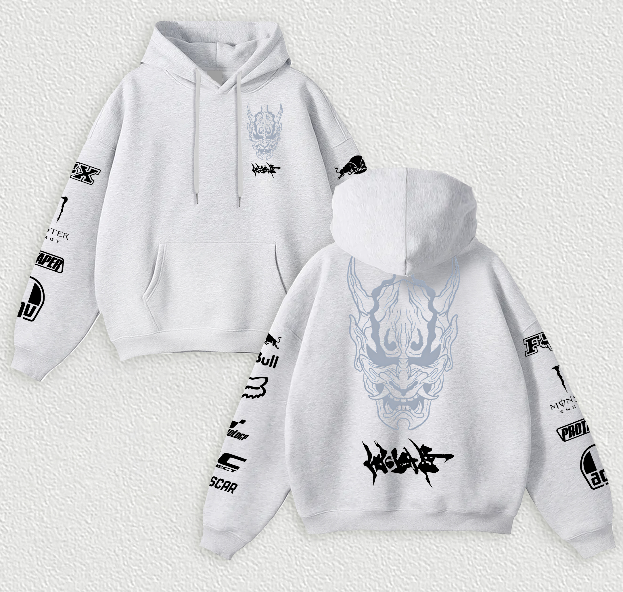 Red Bull Cyberpunk Hannya Ninja Racing Printed Fleece-lined Unisex Hoodie Image - 5