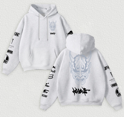 Red Bull Cyberpunk Hannya Ninja Racing Printed Fleece-lined Unisex Hoodie Image - 5