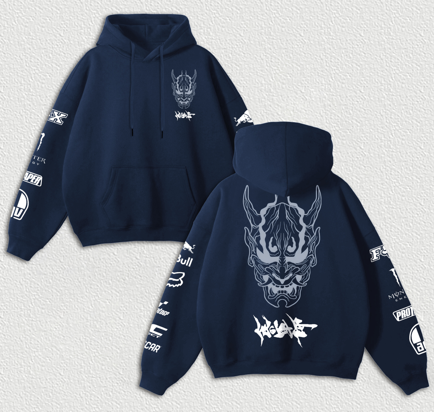 Red Bull Cyberpunk Hannya Ninja Racing Printed Fleece-lined Unisex Hoodie Image - 7