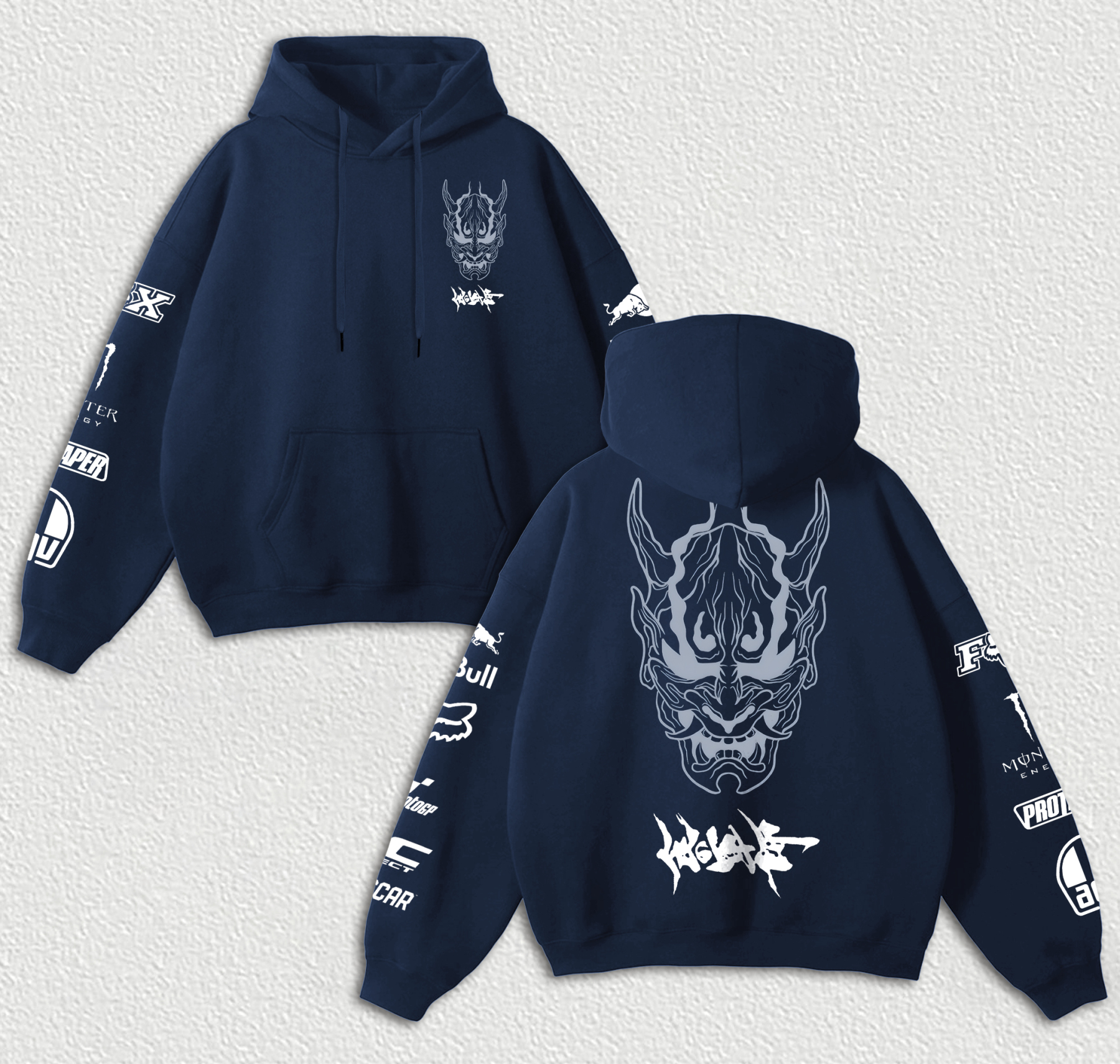 Red Bull Cyberpunk Hannya Ninja Racing Printed Fleece-lined Unisex Hoodie Image - 7