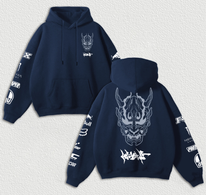 Red Bull Cyberpunk Hannya Ninja Racing Printed Fleece-lined Unisex Hoodie Image - 7