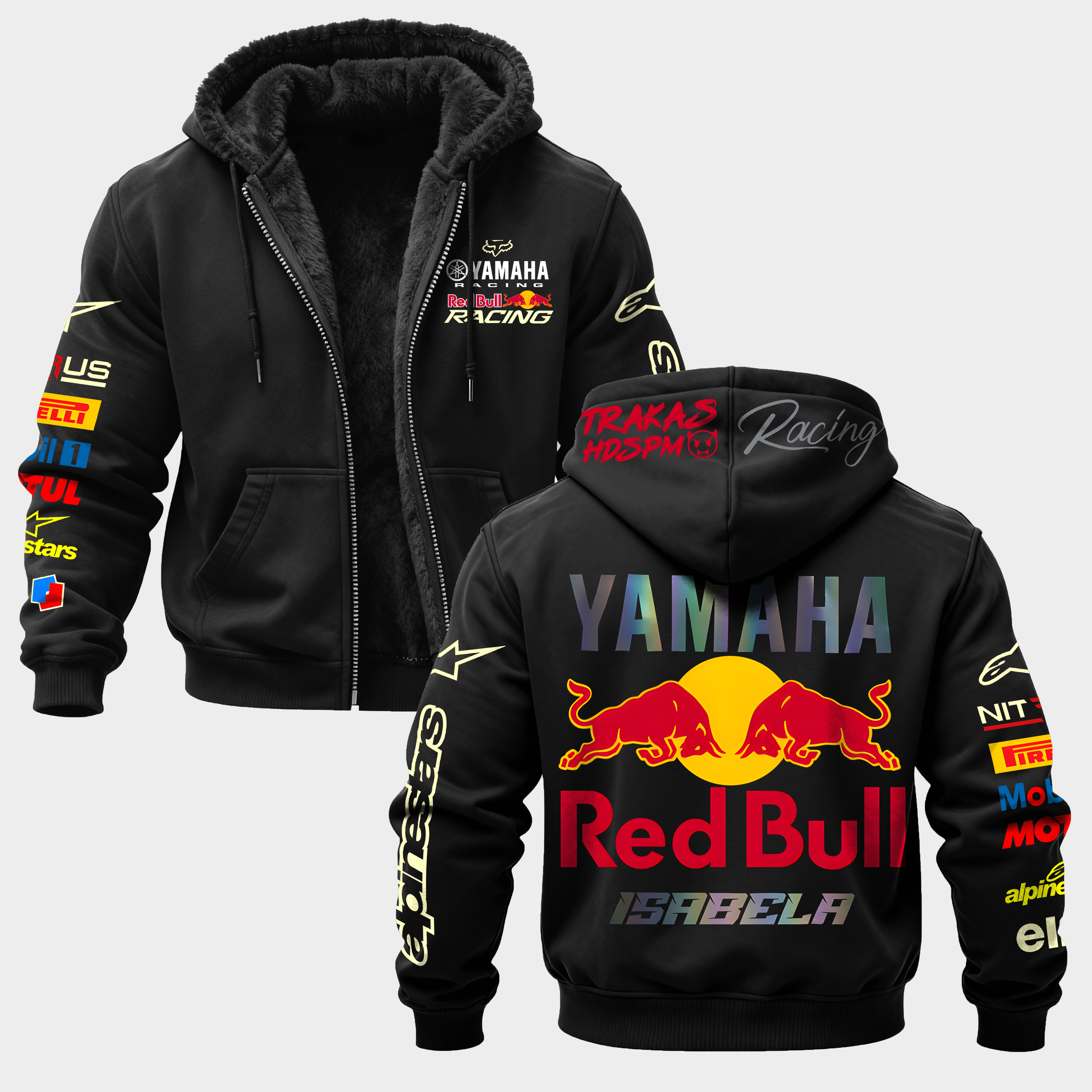 Yamaha Racing Red Bull Racing Printed Zippered Hooded Fleece Cardigan