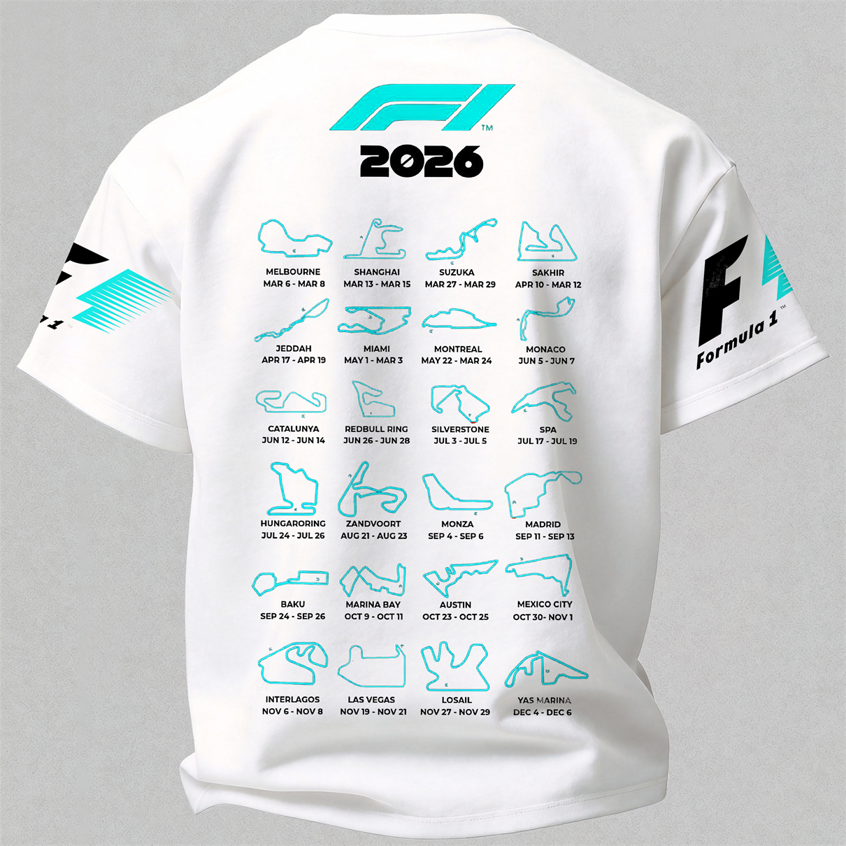 F1 2026 Calendar Printed Oversized Unisex T-shirt Image - 5