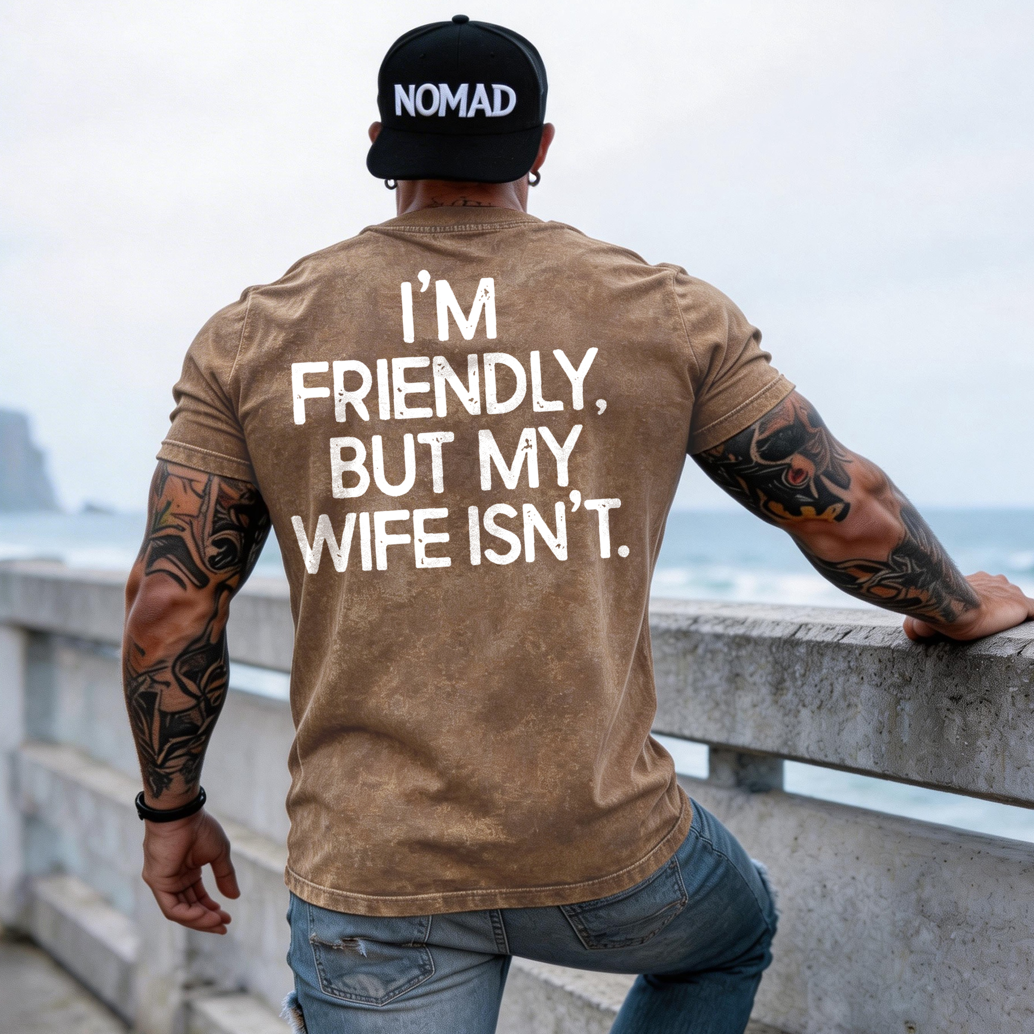 I'm Friendly But My Wife Isn't Printed Unisex Washed T-Shirt Image - 3