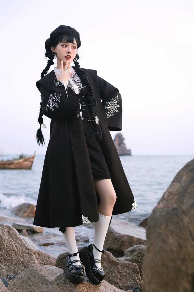 YLF Dress Original Lolita Winter Cape Coat - Black Fairy Tale Overcoat and Vest Black Jacket