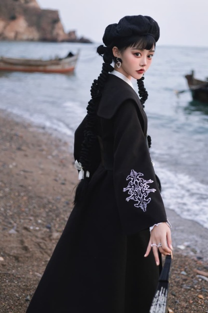 YLF Dress Original Lolita Winter Cape Coat - Black Fairy Tale Overcoat and Vest Black Jacket