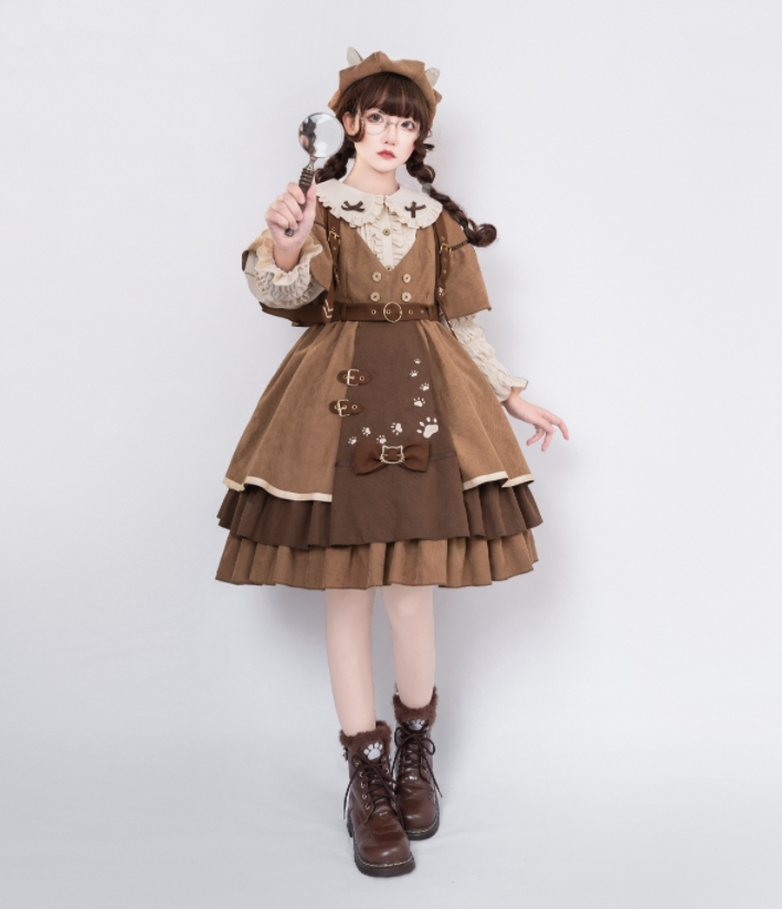 YLF Dress Original Autumn Winter Lolita Cat Detective JSK Japanese Front-Opening Retro Academia Style