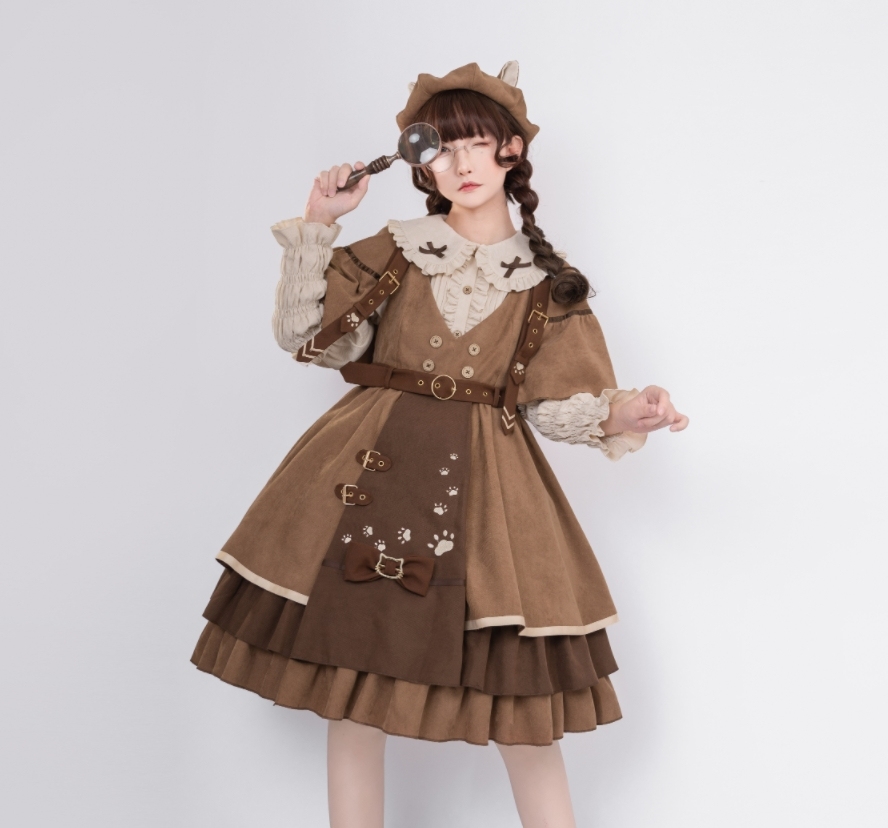 YLF Dress Original Autumn Winter Lolita Cat Detective JSK Japanese Front-Opening Retro Academia Style