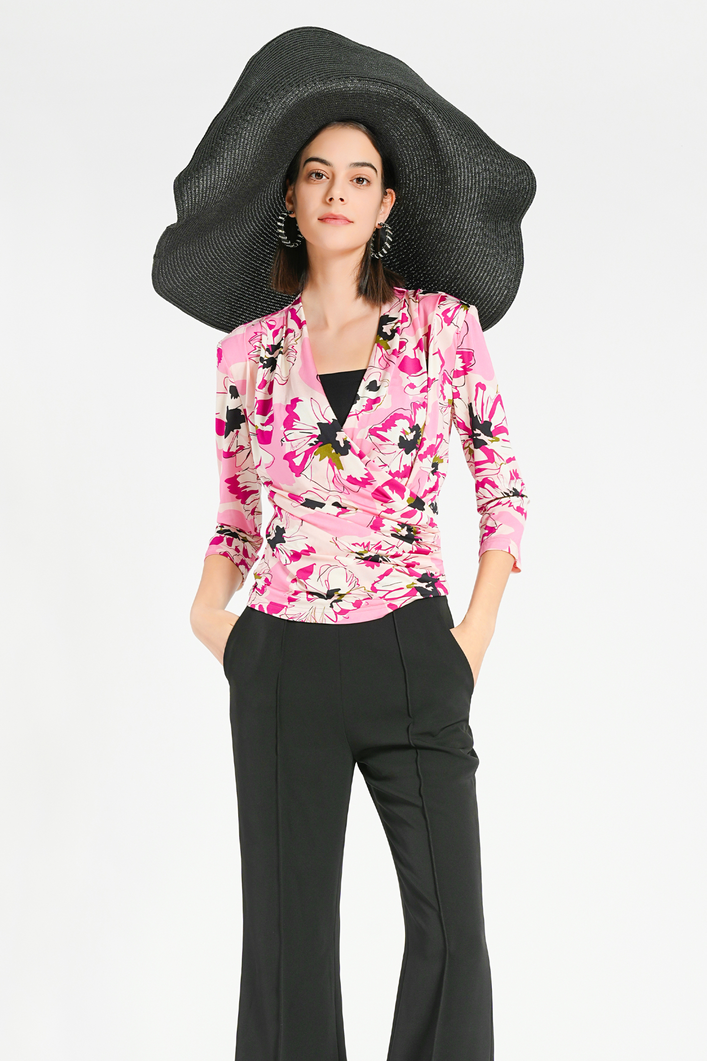 BESIONIA Printed Drawstring Sleeve Blouse